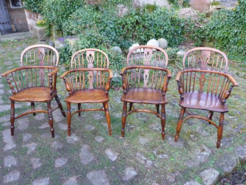 Near Matching Set of 4 Ash and Elm Windsor Armchairs