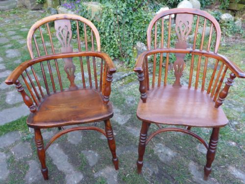 Matching Pair of Yew Wood Low Back Windsor Armchairs