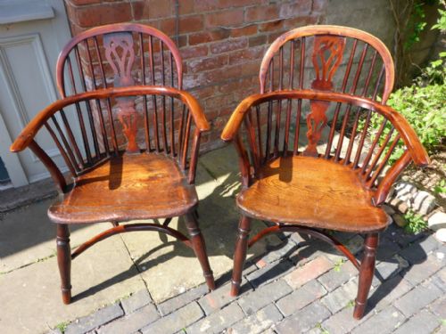 Pair of Nottinghamshire Yew Wood Windsor Armchairs