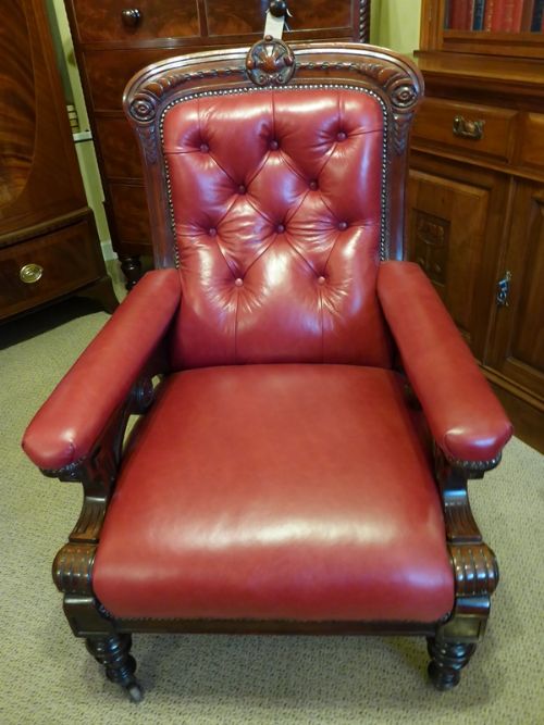 Victorian Mahogany Library Armchair in Red Leather
