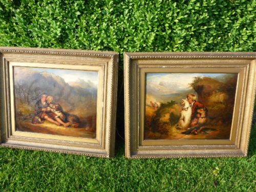 Pair of Oils on Tin Scottish Lads with Dogs