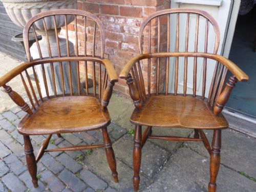 Near Pair of Antique Stick Back Windsor Armchairs