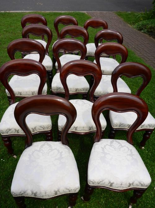 Rare Set of 14 Victorian Mahogany Balloon Back Dining Chairs