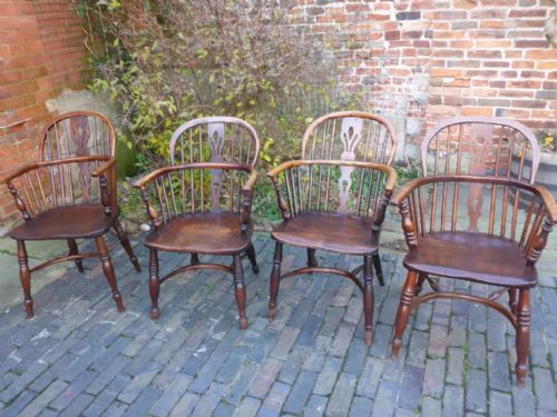 A Harlequin Set of 4 Ash and Elm Windsor Chairs