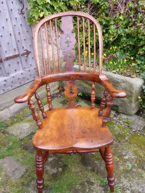 Antique Yew Wood Broad Arm Windsor Armchair