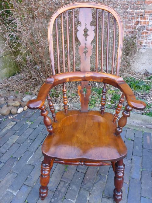 Antique Yew Wood Broad Arm Windsor Armchair