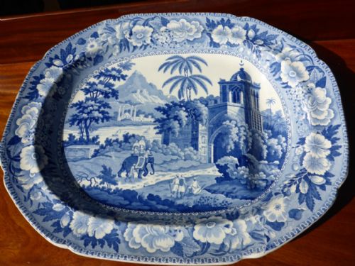 Blue and White Meat Plate "Indian Scene with Elephants"