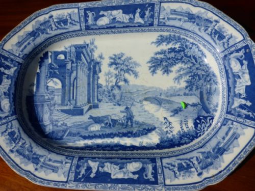 Blue and White Platter "Cow Herds Near Castle" Adams