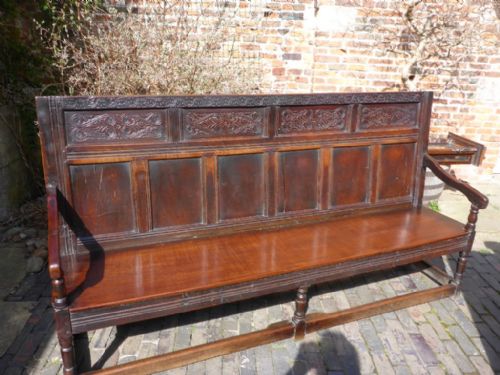 Good Early Oak Settle Original Carving