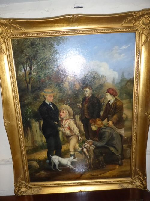 Victorian Naïve Oil on Canvas Village Scene