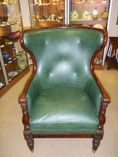 Superb Georgian Library Armchair in Green Leather