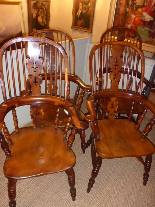 Near Matching Set of 4 Yew Wood Windsor Armchairs