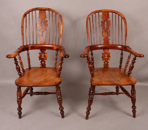 Excellent Pair of Yew Wood Broad Arm Windsor Armchairs
