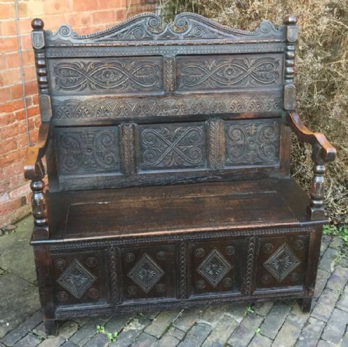 Victorian Carved Oak Box Settle/monks Bench