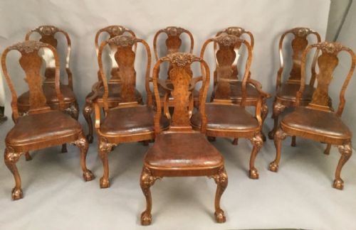 Super Set of 10 Queen Ann Style Dining Chairs in Walnut