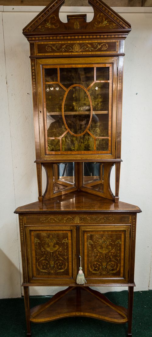 Edwardian Inlaid Corner Cabinet Full Height