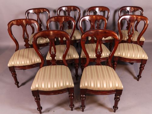 Set of 10 Victorian Mahogany Balloon Back Spear Point Dining Chairs