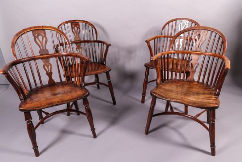 Rare Near Set of 4 Yew Wood Windsor Chairs William Wheatland Retford