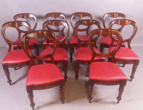 Set of 10 Victorian Mahogany Balloon Back Dining Chairs C 1860