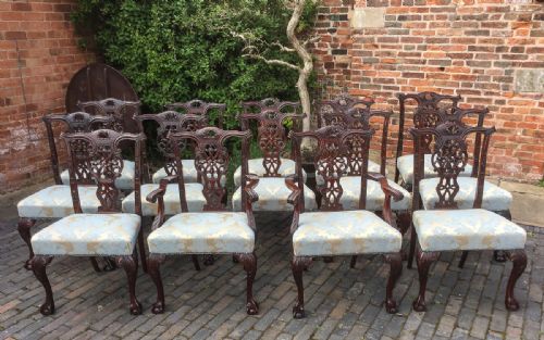 Rare Set of 14 Victorian Chippendale Style Dining Chairs