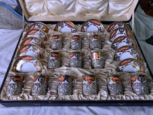 Royal Crown Derby Porcelain Silver Mounted Cup and Saucer Set in Case