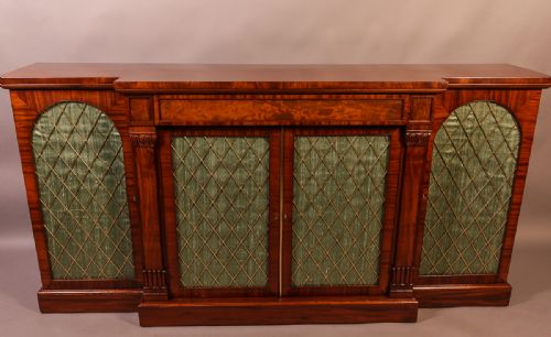 19th Century 4 Door Breakfront Pier Cabinet Brass Grills Silk