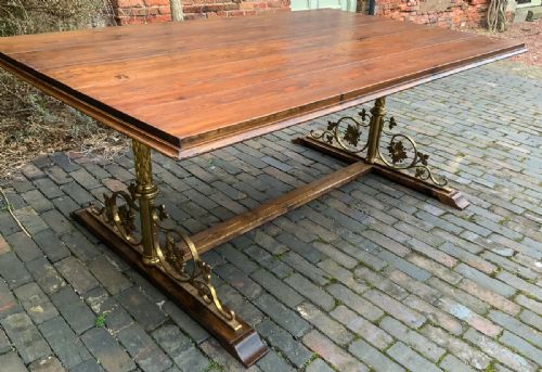Unusual Dining Table Gothic Brass Supports Pine Top