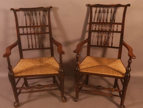 A Pair of 19th Century Spindle Back Armchairs with Rush Seats