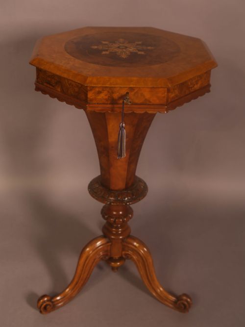 A Victorian Hexagonal Ladies Sewing Table in Figured Walnut