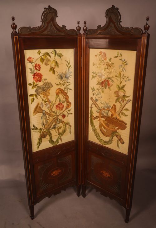 A Super 2 Fold Screen Needle Work Music and Flowers