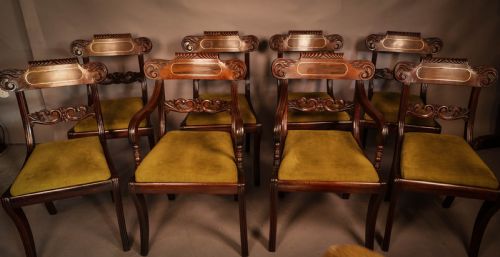 A Set of 8 Regency Brass Inlaid Dining Chairs C 1820