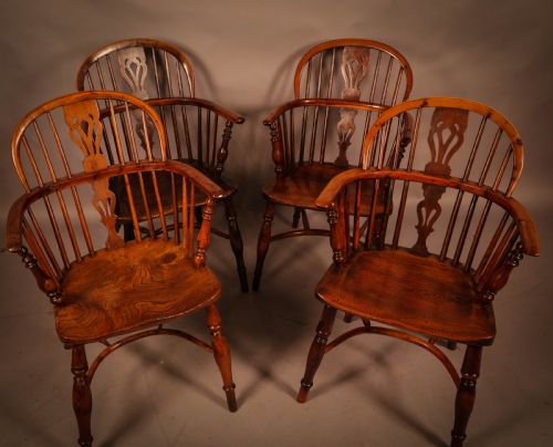 A Good Set of 4 Yew Wood Windsor Chairs by George Nicholson