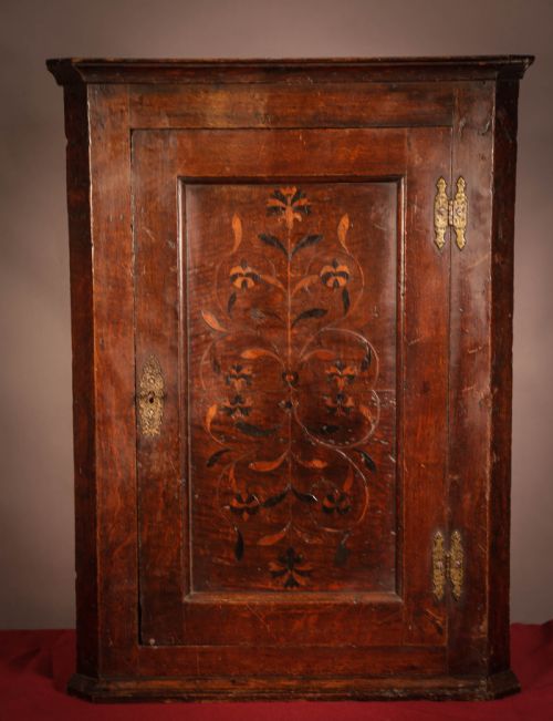 Early Oak Corner Cupboard Inlaid Front