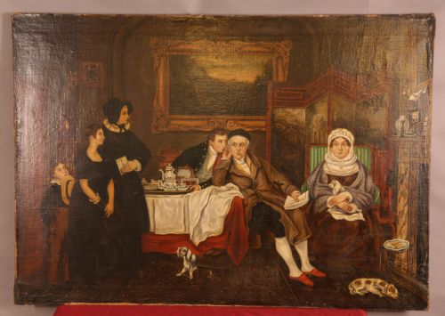 a large naive oil on canvas interior scene - CATEGORY: ANTIQUE ART - DATED VICTORIAN
