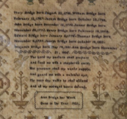 FAMILY OF BRIDGE SAMPLER ANN BRIDGE HER WORK 1821 - ADDITIONAL PHOTO 1