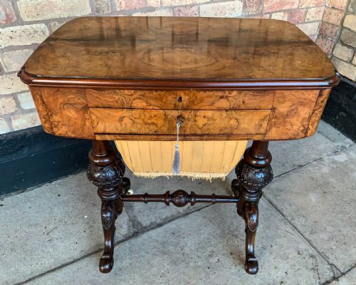 a victorian burr walnut ladies sewing stand - CATEGORY: ANTIQUE FURNITURE - DATED VICTORIAN