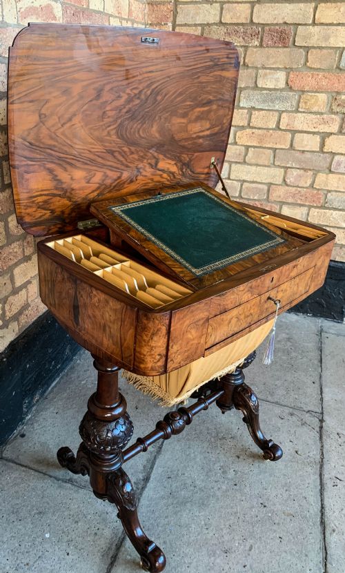 A VICTORIAN BURR WALNUT LADIES SEWING STAND - ADDITIONAL PHOTO 1