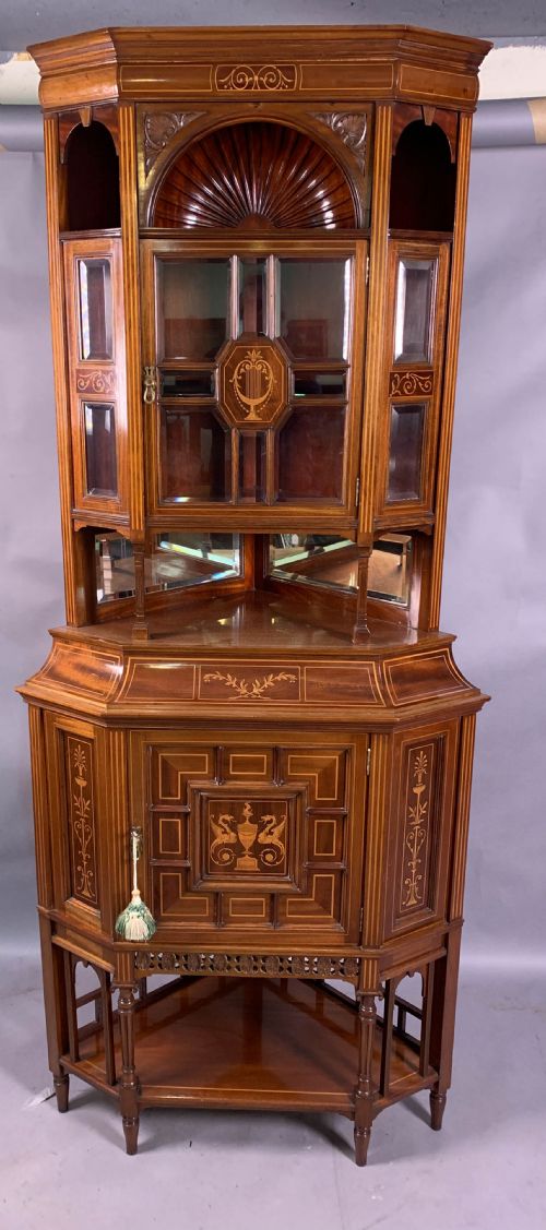 a late victorian mahogany with inlay full height corner display cabinet - CATEGORY: ANTIQUE CABINETS - DATED 19TH CENTURY