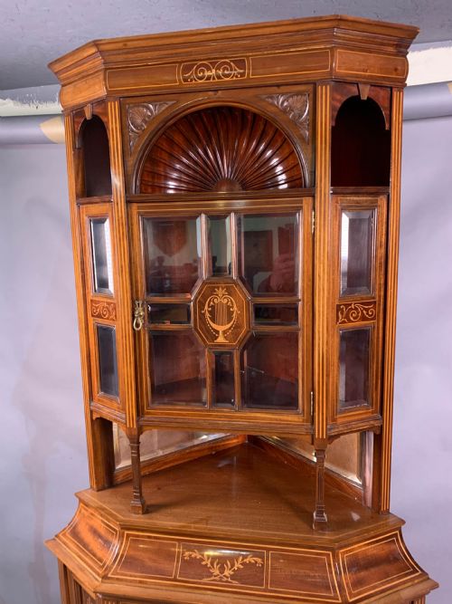 A LATE VICTORIAN MAHOGANY WITH INLAY FULL HEIGHT CORNER DISPLAY CABINET - ADDITIONAL PHOTO 1