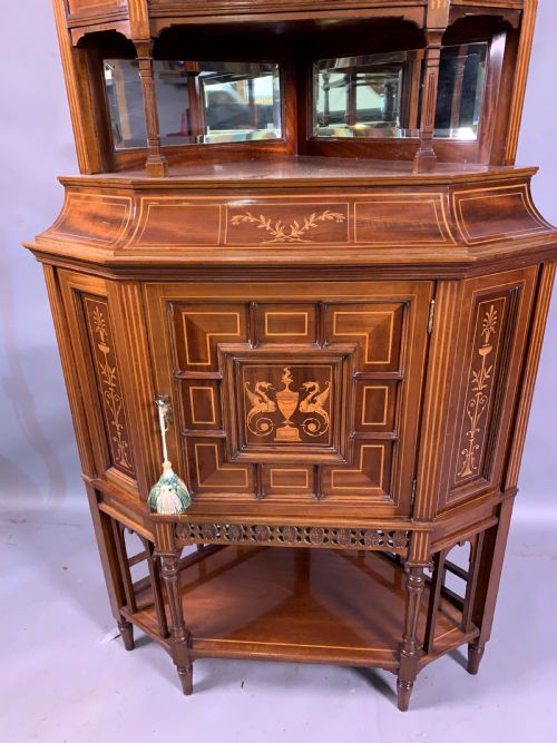 A LATE VICTORIAN MAHOGANY WITH INLAY FULL HEIGHT CORNER DISPLAY CABINET - ADDITIONAL PHOTO 2