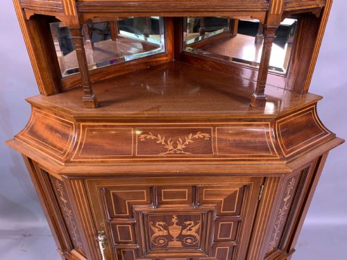 A LATE VICTORIAN MAHOGANY WITH INLAY FULL HEIGHT CORNER DISPLAY CABINET - ADDITIONAL PHOTO 4