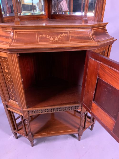 A LATE VICTORIAN MAHOGANY WITH INLAY FULL HEIGHT CORNER DISPLAY CABINET - ADDITIONAL PHOTO 9