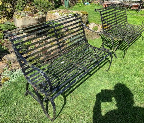 A RARE MATCHING PAIR OF WROUGHT IRON GARDEN BENCHES - ADDITIONAL PHOTO 7