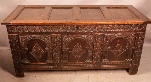 17th century coffer carved oak - CATEGORY: ANTIQUE CHESTS - DATED 17TH CENTURY