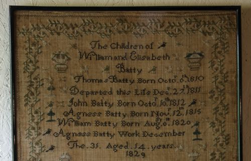 A GOOD INTERESTING SAMPLER OF THE BATTY FAMILY BY AGNESS BATTY 1829 - ADDITIONAL PHOTO 1