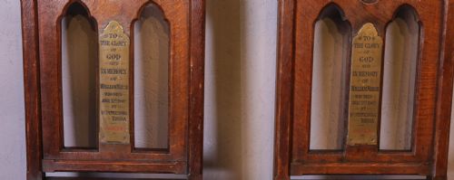 A RARE PAIR OF GOTHIC CHURCH CHAIRS WITH ENGRAVED PLAQUE - ADDITIONAL PHOTO 1