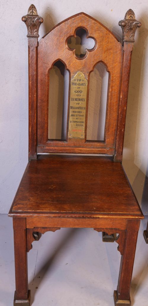 A RARE PAIR OF GOTHIC CHURCH CHAIRS WITH ENGRAVED PLAQUE - ADDITIONAL PHOTO 2