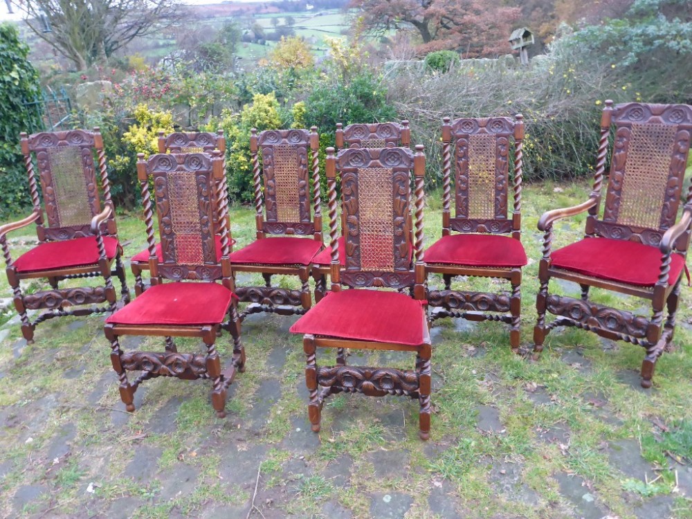 Superb set of 8 Carolean style Antique Dining Chairs