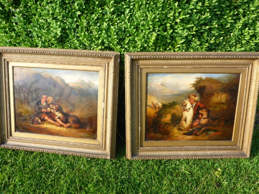 Pair of Oils on Tin Scottish Lads with Dogs