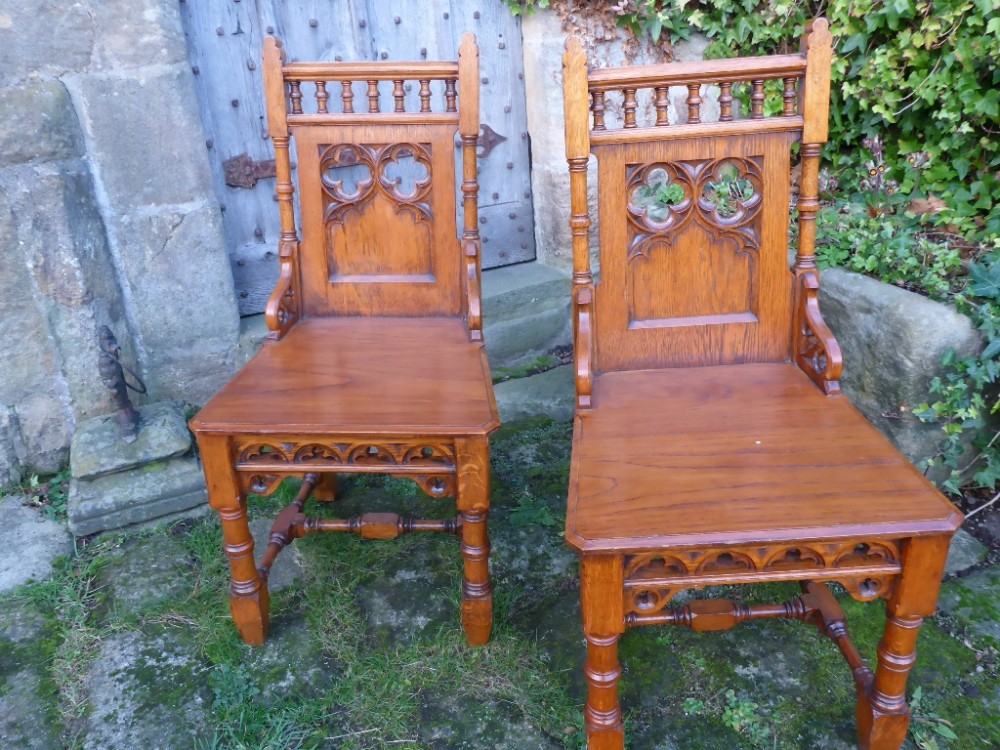 Pair of Victorian Gothic Hall Chairs
